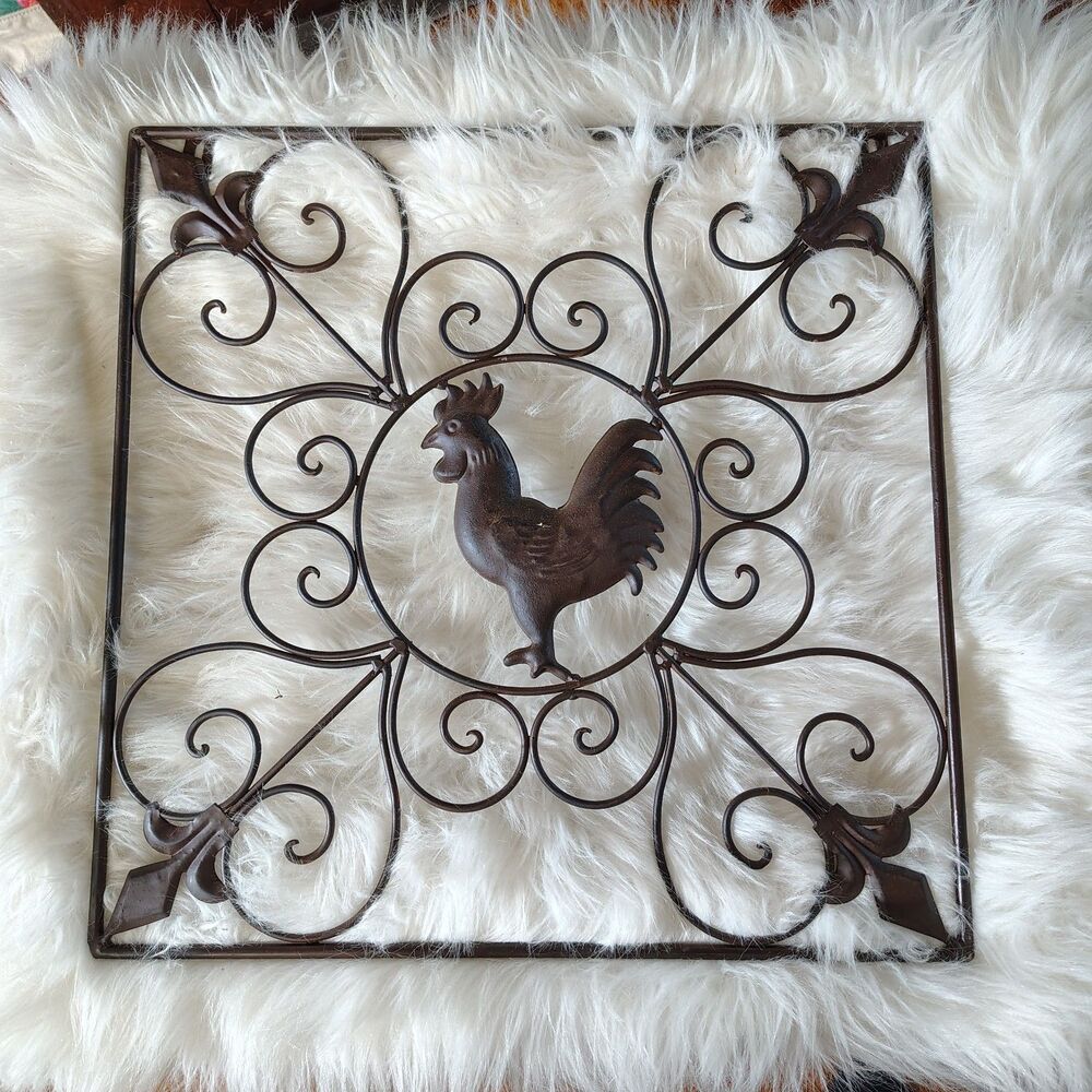 Wrought Iron Farm Rooster Scrolled Metal Country Farmer 16x16 Wall Decor